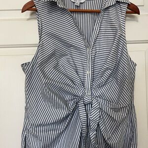 Nine West Blue and White Striped Sleeveless maritime top with front bow detail